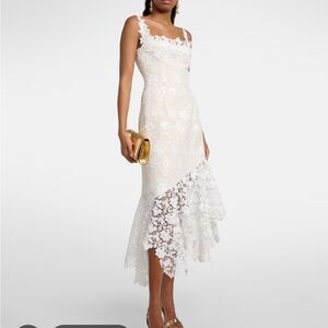 Oscar de la Renta asymmetric guipure lace-trimmed appliquéd tweed midi dress 6